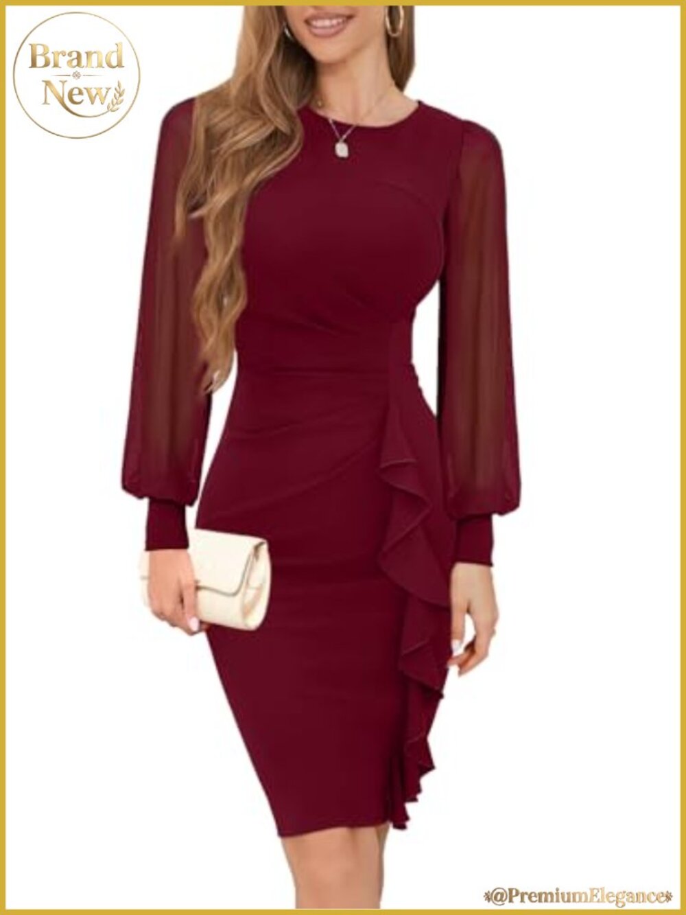 Women's Long Sheer Sleeve Ruched Bodycon Sheath Midi Dress Cocktail Party Work